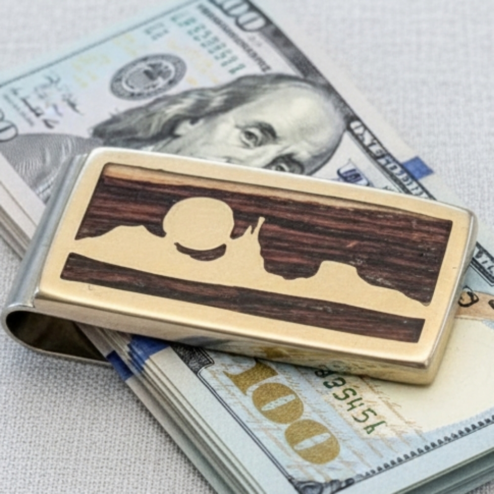 VTG Money Clip Mixed Inlaid Wood Mountain Sky Western Scene Brass Artist Signed